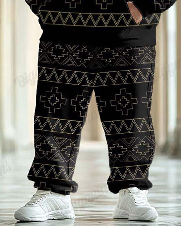 Men's Classical Geometric Pattern Black Plus Size Hoodie Suit