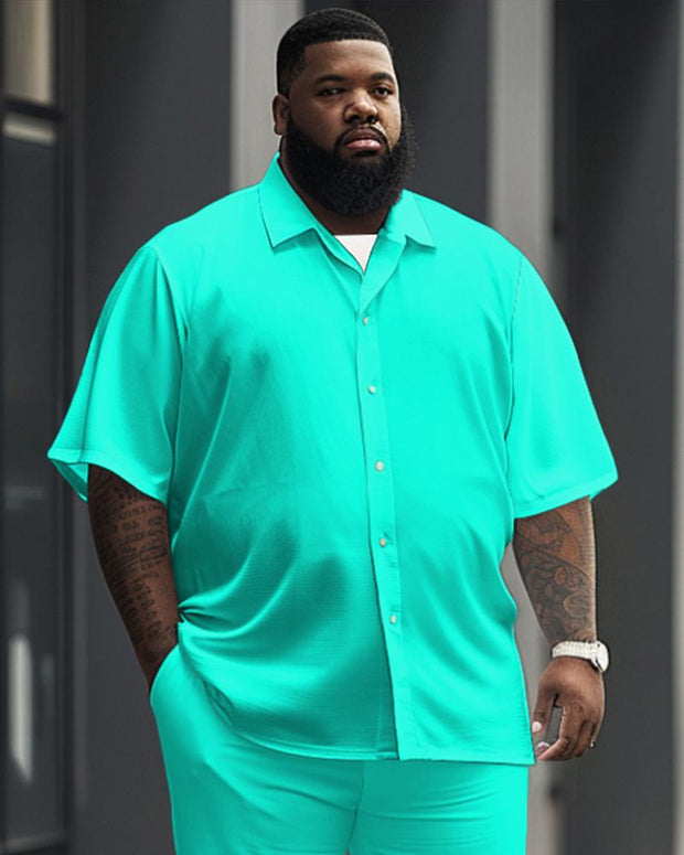 Men's Plus Size Solid Color Fluorescent Green Short Sleeve Shirt Trousers Suit