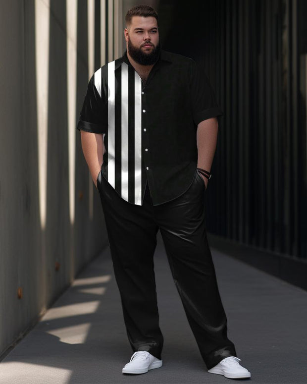 Men's Plus Size Business Simple Vertical Stripe Stitching Short Sleeve Shirt Trousers Suit