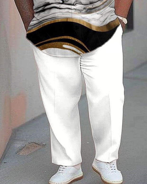 Matching Color Marble Texture Large Size Men's Short Sleeve Shirt Pants Suit