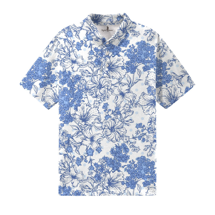 Blue Floral Men Polo Short Sleeve Shirt