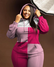 Women's Plus Size Pink Color Block Splicing Hoodie Set