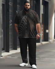 Men's Plus Size Business Simple Line Printing Short Sleeve Shirt Trousers Suit