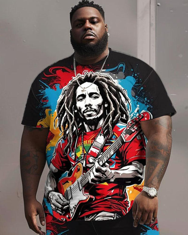 Men's Plus Size Street Fashion Graffiti Music Singer Print T-Shirt Shorts Suit