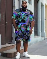 Men's Plus Size Street Casual Phantom Skull Floral Print T-Shirt Shorts Suit