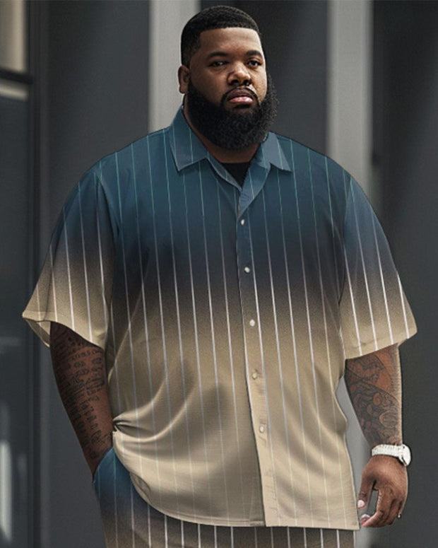 Men's Plus Size Business Gradient Striped Print Short Sleeve Shirt Suit
