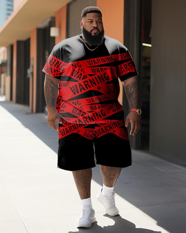 Men's Large Size Street Cartoon Color Block Warning Graffiti Short Sleeve Shorts Suit