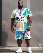 Men's Plus Size Happy Love Smile T-Shirt Shorts Suit