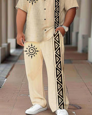 Vintage Sun Print Short-sleeved Shirt Plus Size Men's Suit