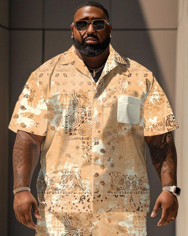 Men's Plus Size Casual Vacation Vintage Paisley Distressed Printed Shirt Shorts Suit