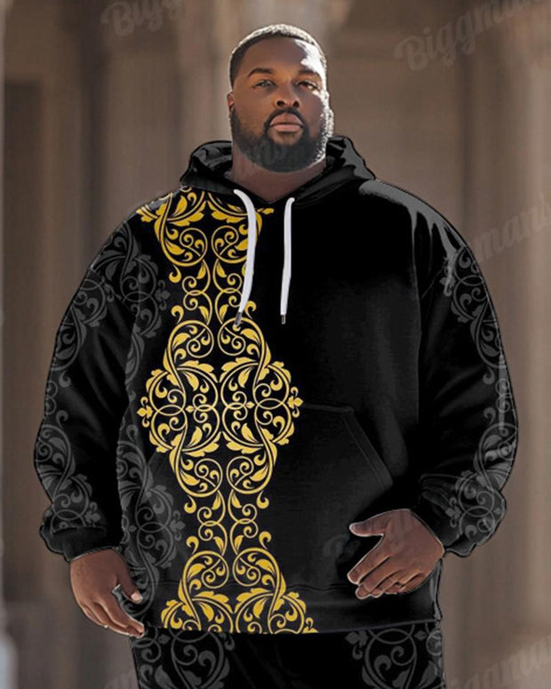 Men's Classical Retro Stitching Pattern Black Plus Size Hoodie Suit