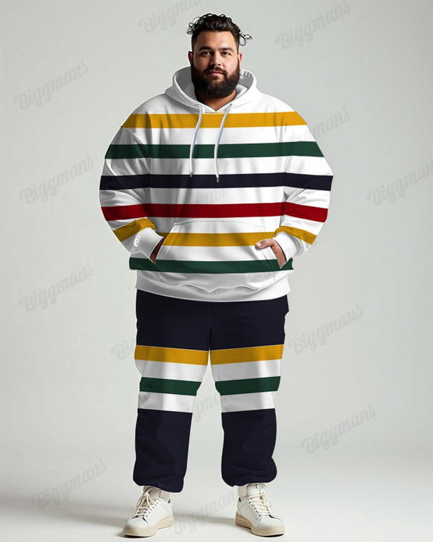 Men's Daily Casual White Patchwork Stripe Printed Plus Size Hoodie Suit