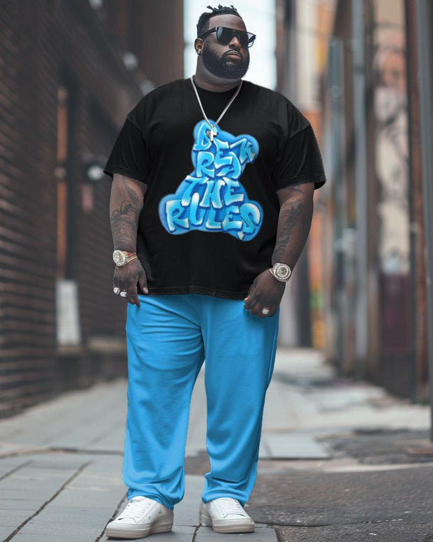 Men's Large Street Casual Graffiti Bear Alphabet Print T-Shirt Trousers Suit