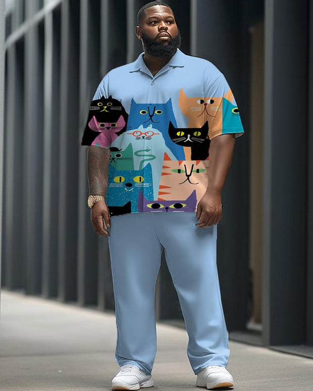 Colorful Art Cat Print Short Sleeve Shirt and Trousers Men's Plus-size Suit