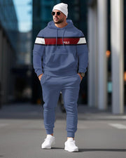 Men's Daily Casual Blue Simple POLO Alphabet Stripe Hoodie And Sweatpants Two-Piece Set