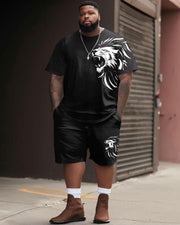Plus size men's trendy men's arrow lion print T-shirt & shorts two-piece set