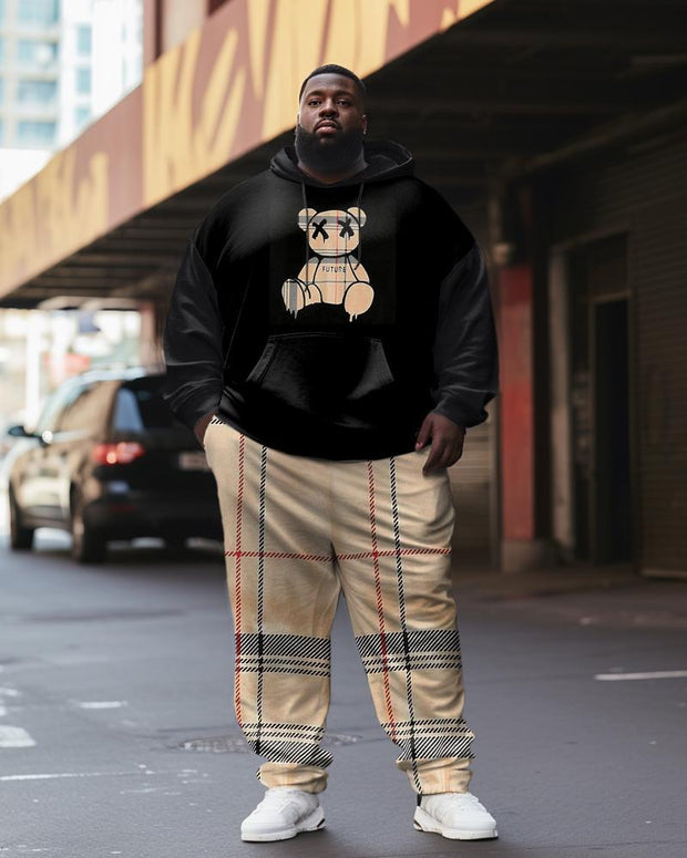 Men's Plus Size Striped Plaid Brown Bear Hoodie Set of Two