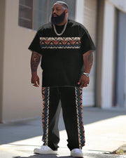 Men's Large Geometric Ethnic Print T-Shirt Pants Suit