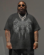Men's Plus Size Street Casual Feather Faith Pattern Printed T-Shirt Shorts Suit