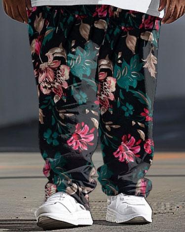 Men's Large Casual Floral Colorblock Printed T-shirt Trousers Suit