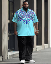 Men's Plus Size Business Retro Ethnic Printed Short Sleeve Shirt Suit