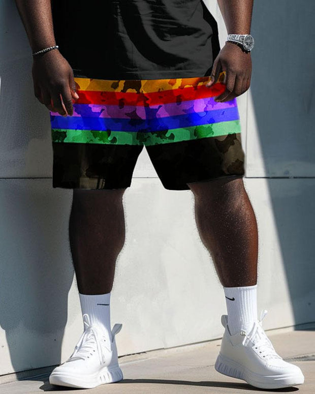 Men's Plus Size Street Casual Color Stripe Perfect Letter Print T-Shirt Shorts Suit