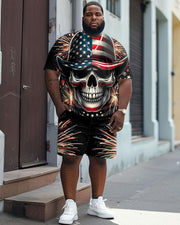 Men's Plus Size Street Casual Independence Day Hat Skull Print T-Shirt Shorts Suit