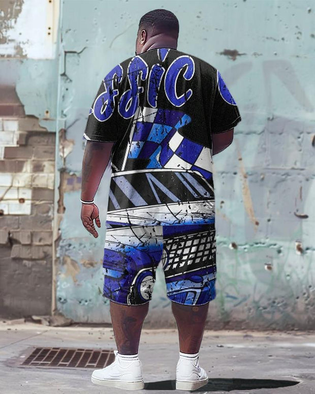 Front And Rear Printed Men's Plus Size Cool Racing Pattern Printed T-shirt Shorts Suit