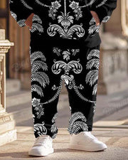 Men's Classical Floral Pattern Black Plus Size Hoodie Suit