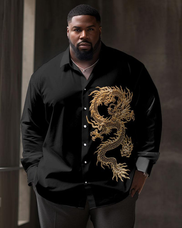 Men's Large Size Dragon Pattern Lapel Casual Long Sleeve Shirt