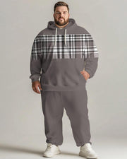 Men's Daily Casual Versatile Classic Grey Plaid Print Plus Size Hoodie Suit