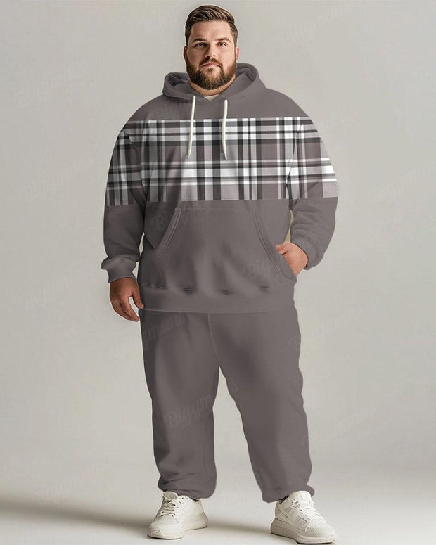 Men's Daily Casual Versatile Classic Grey Plaid Print Plus Size Hoodie Suit