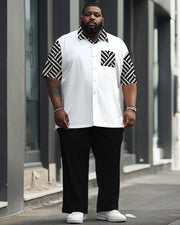 Men's Plus Size Business Simple Geometric Color Matching Printed Short Sleeve Shirt Suit