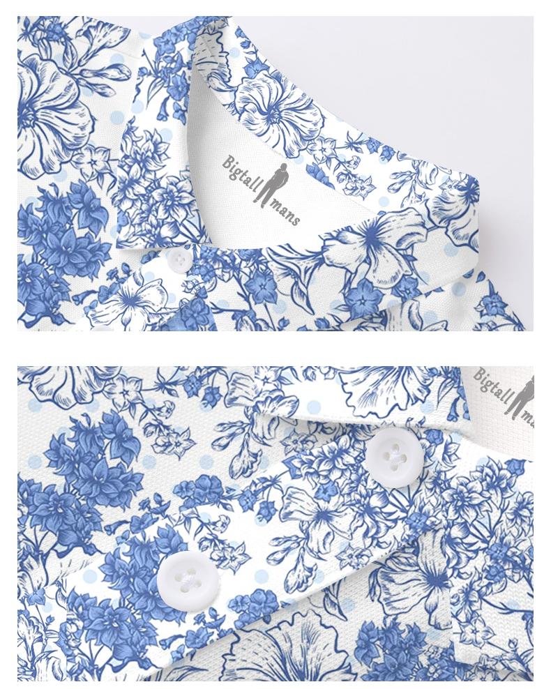 Blue Floral Men Polo Short Sleeve Shirt