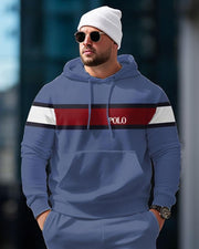 Men's Daily Casual Blue Simple POLO Alphabet Stripe Hoodie And Sweatpants Two-Piece Set