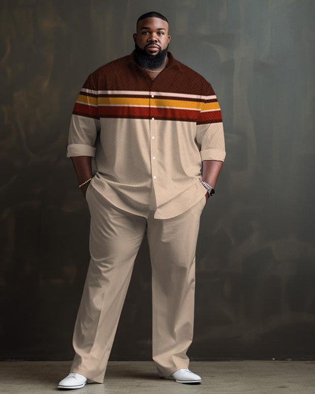 Men's Plus Size Simple Stripes with Contrasting Colors Long Sleeve Lapel 2 Shirt Set
