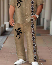 Ethnic Style Vintage Lizard Print Short-sleeved Shirt Plus Size Men's Suit