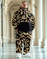 Men's Classical Retro Gold Pattern Print Plus Size Hoodie Suit