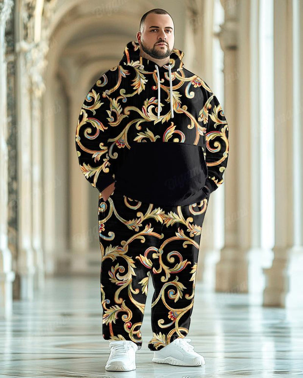 Men's Classical Retro Gold Pattern Print Plus Size Hoodie Suit