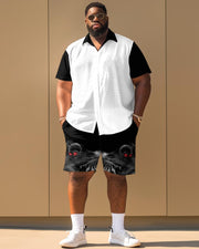 Colorblock Skull Print Short Sleeve Shirt Shorts Large Size Men's Suit