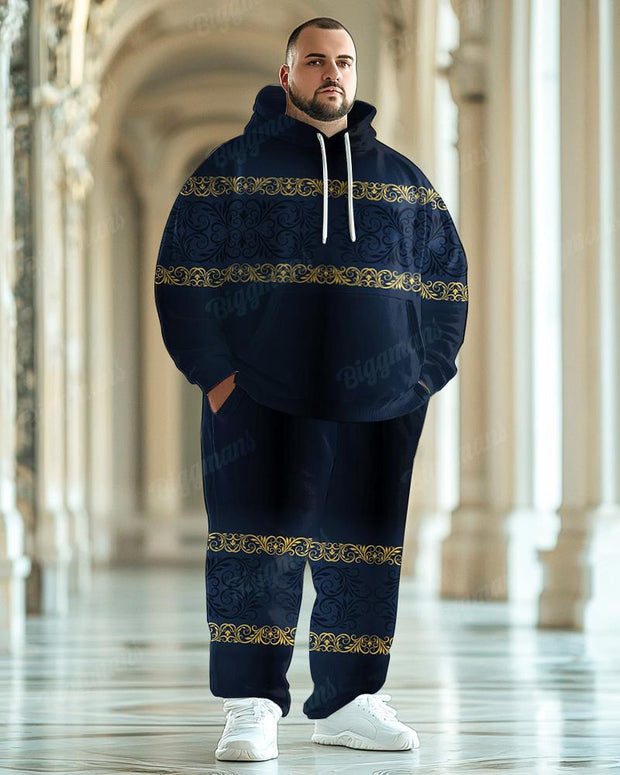 Men's Classical Retro Simple Pattern Blue Plus Size Hoodie Suit