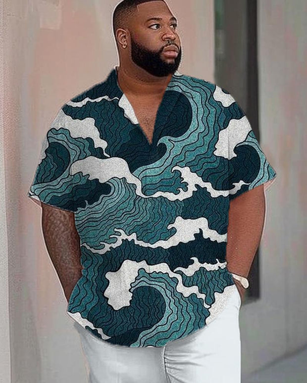 Waves Plus-size Men's Short-sleeved Shirt and Pants Suit