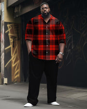 Men's Plus Size Classic Red Plaid Long-sleeved Lassel Shirt 2-piece Set