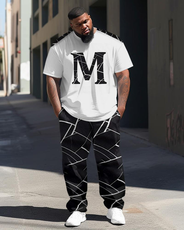 Men's Large M Marble Graphic Street Hip-Hop Casual Two-Piece Set