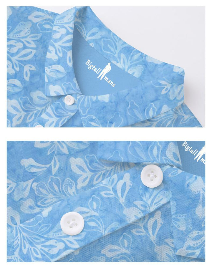 Blue Batik Leaves Men Polo Short Sleeve