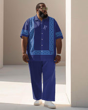 Men's Plus Size Business Simple Retro Greek Key Print Short Sleeve Shirt Suit