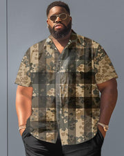 Men's Plus Size Camouflage Plaid Short Sleeve Shirt Shorts Suit