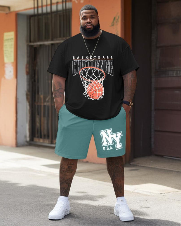 Men's Plus Size Basketball Lettering Print T-Shirt Shorts Suit