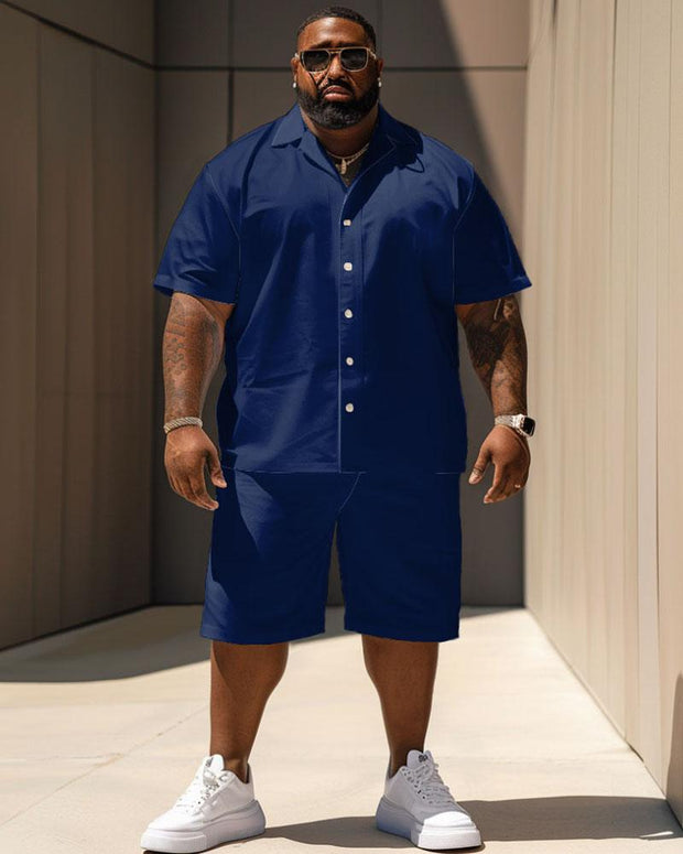 Men's Plus Size Casual Solid Color Short Sleeve Shirt Shorts Suit