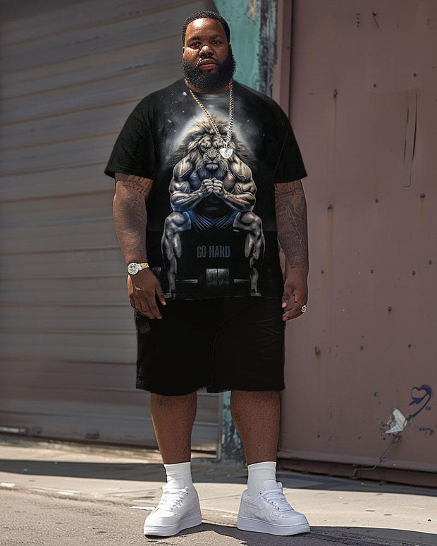Men's Plus Size Street Casual Strong Lion Print T-Shirt Shorts Suit